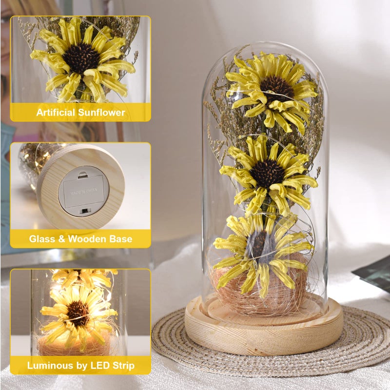 socathey Sunflower Gifts for Women  Artificial Sunflowers in Glass Dome with LED Strip  1PSC Sunflower Decor on Mother's Day  Valentine's Day  Christmas  Thanksgiving  Birthday (Yellow) - Image 3